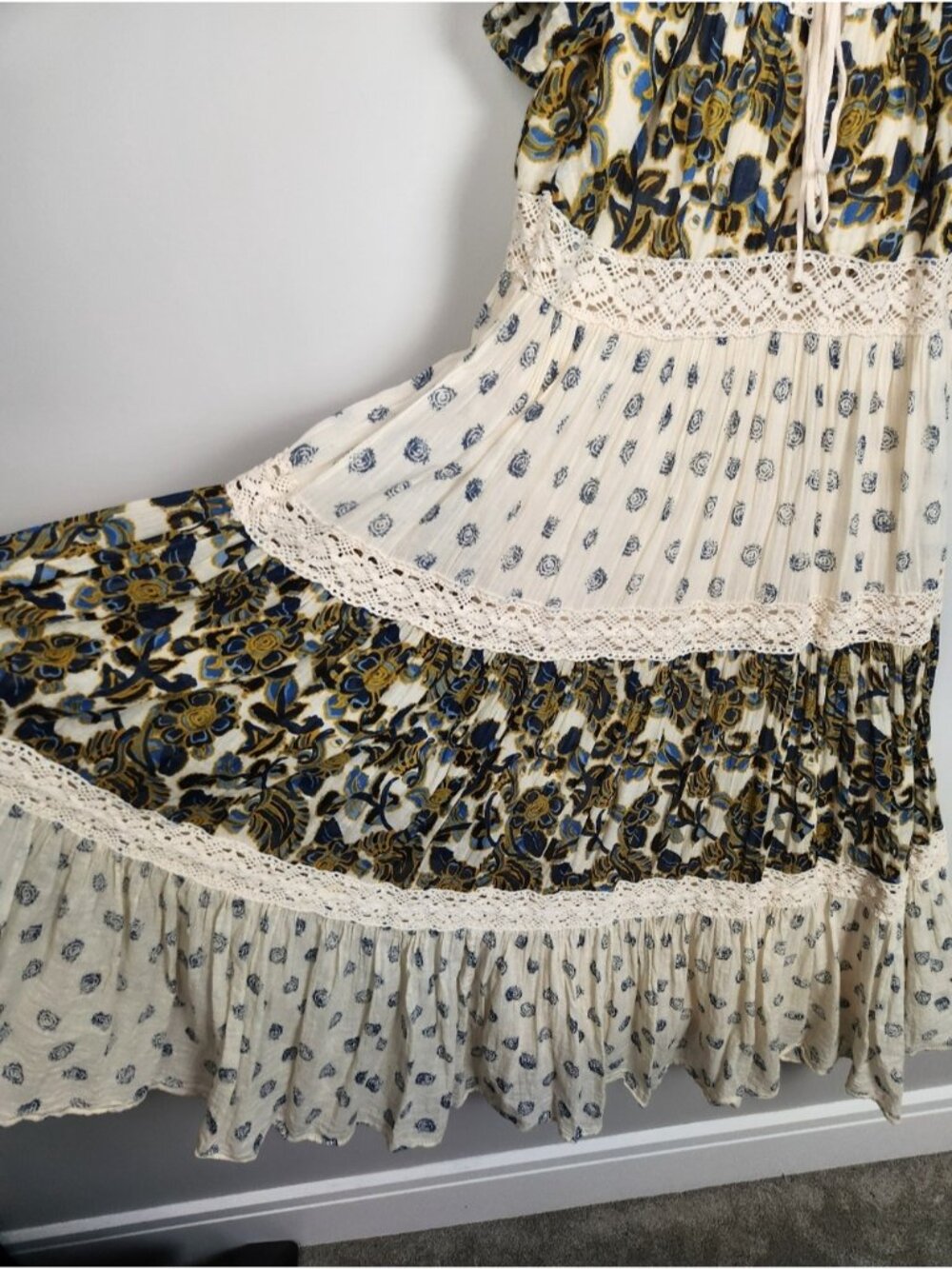 Free People Ivory Tiered Beautiful Boho Sun Chaser Midi Maxi Dress Size M Cotton - Picture 8 of 15